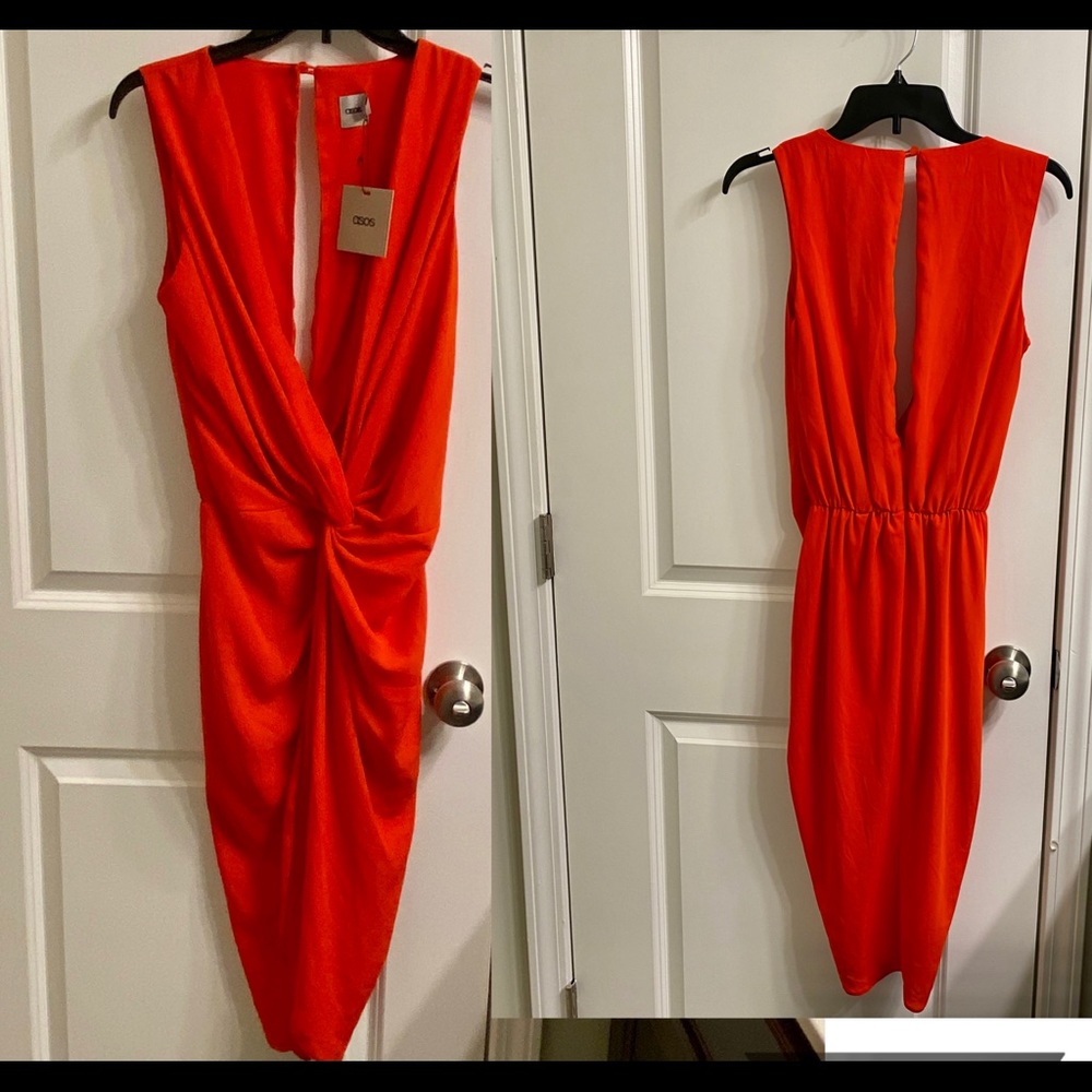 ASOS asymmetric keyhole back red midi dress.